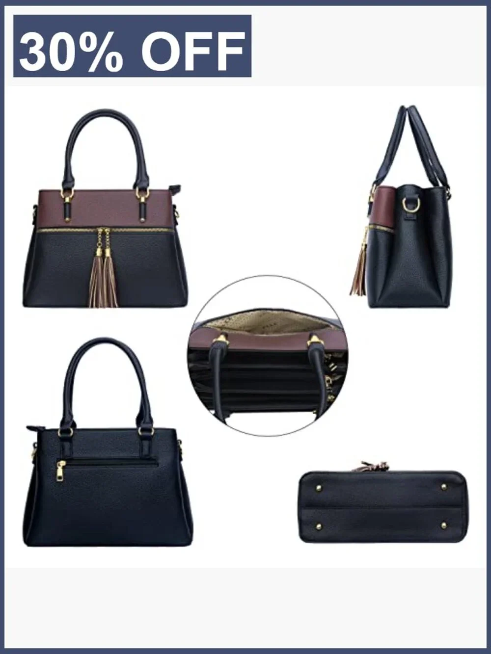 PU Leather Top Handle Satchel Bag Crossbody Purse 3 Zippered Compartments